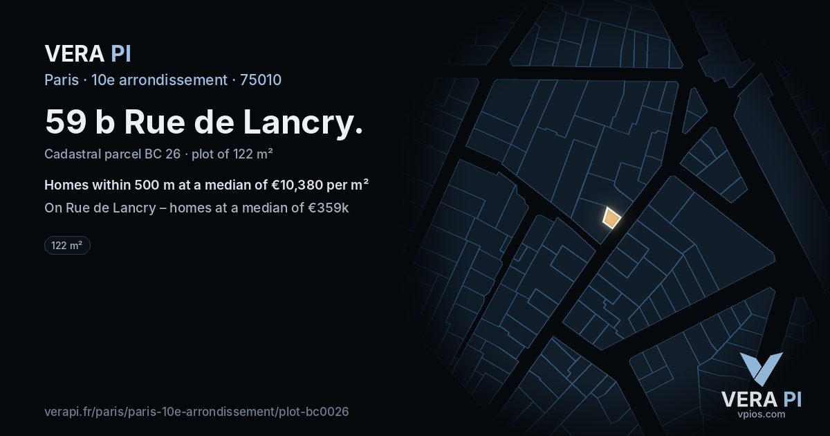 59 b Rue de Lancry, 10e arrondissement at night – the plot lit, the parcels around coloured by the prices near them