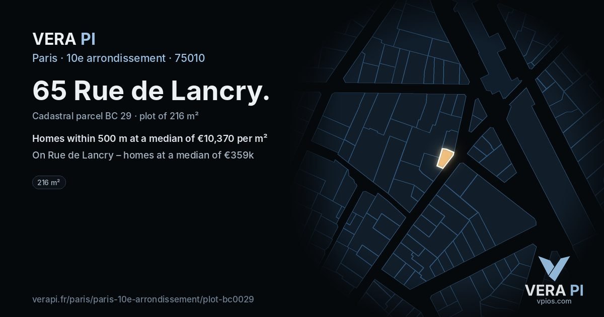 65 Rue de Lancry, 10e arrondissement at night – the plot lit, the parcels around coloured by the prices near them