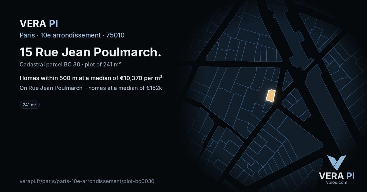 15 Rue Jean Poulmarch, 10e arrondissement at night – the plot lit, the parcels around coloured by the prices near them