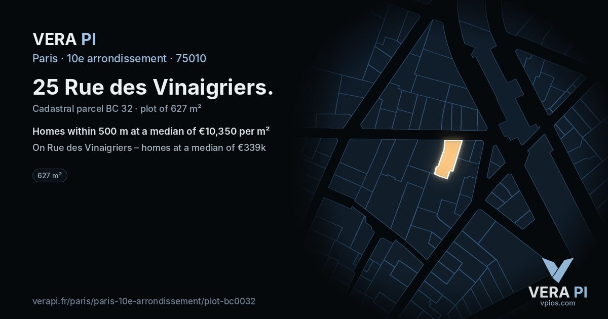 25 Rue des Vinaigriers, 10e arrondissement at night – the plot lit, the parcels around coloured by the prices near them