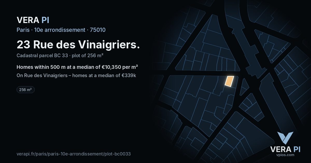 23 Rue des Vinaigriers, 10e arrondissement at night – the plot lit, the parcels around coloured by the prices near them