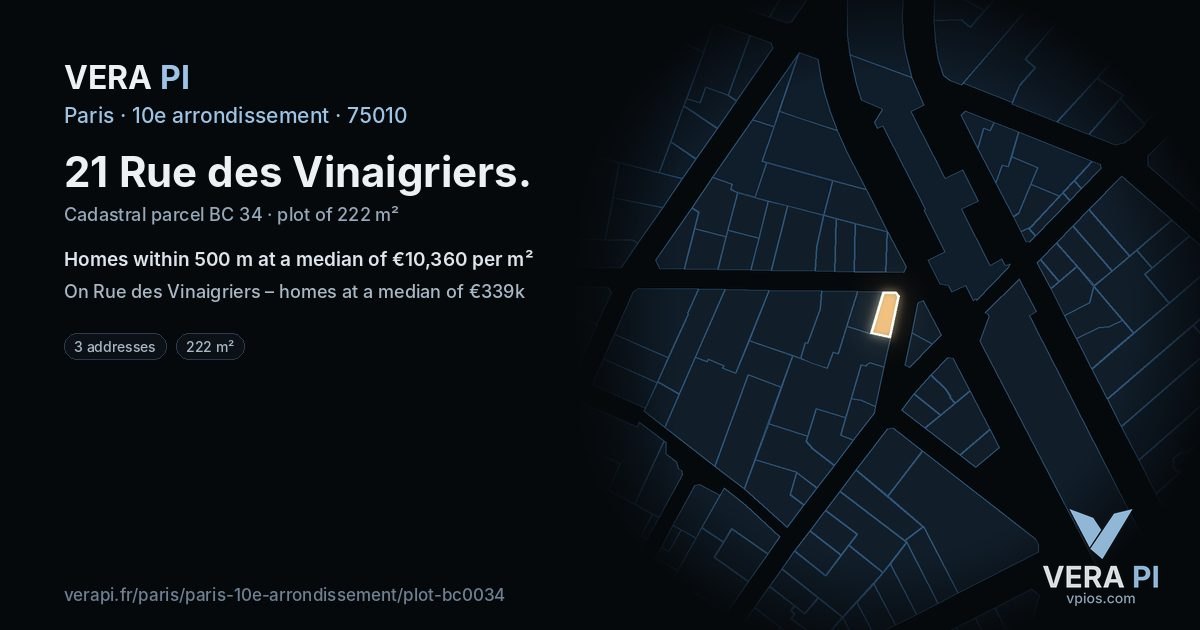 21 Rue des Vinaigriers, 10e arrondissement at night – the plot lit, the parcels around coloured by the prices near them