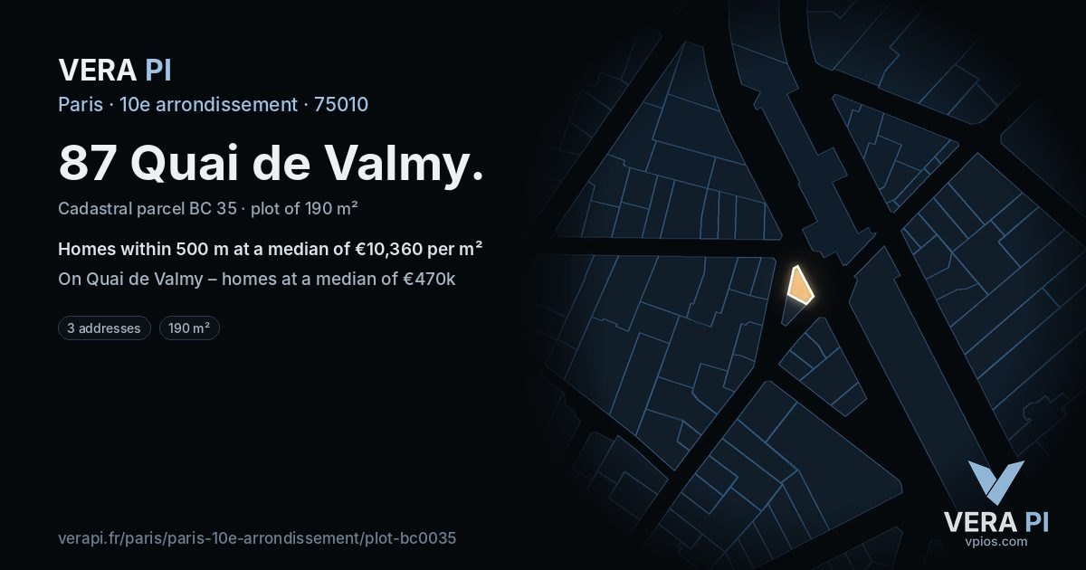 87 Quai de Valmy, 10e arrondissement at night – the plot lit, the parcels around coloured by the prices near them
