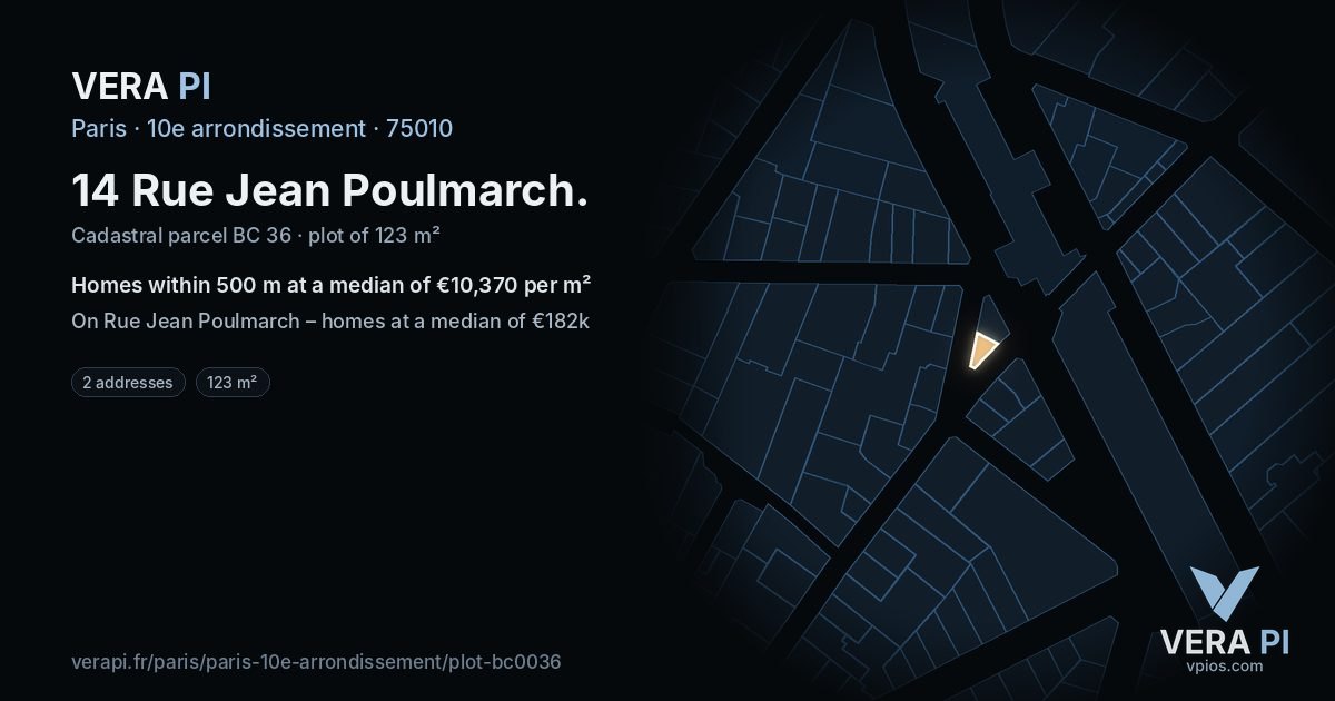 14 Rue Jean Poulmarch, 10e arrondissement at night – the plot lit, the parcels around coloured by the prices near them