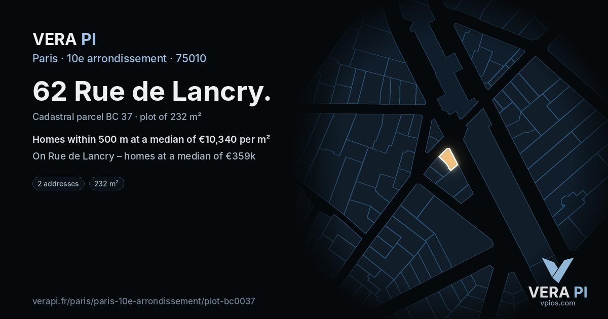 62 Rue de Lancry, 10e arrondissement at night – the plot lit, the parcels around coloured by the prices near them