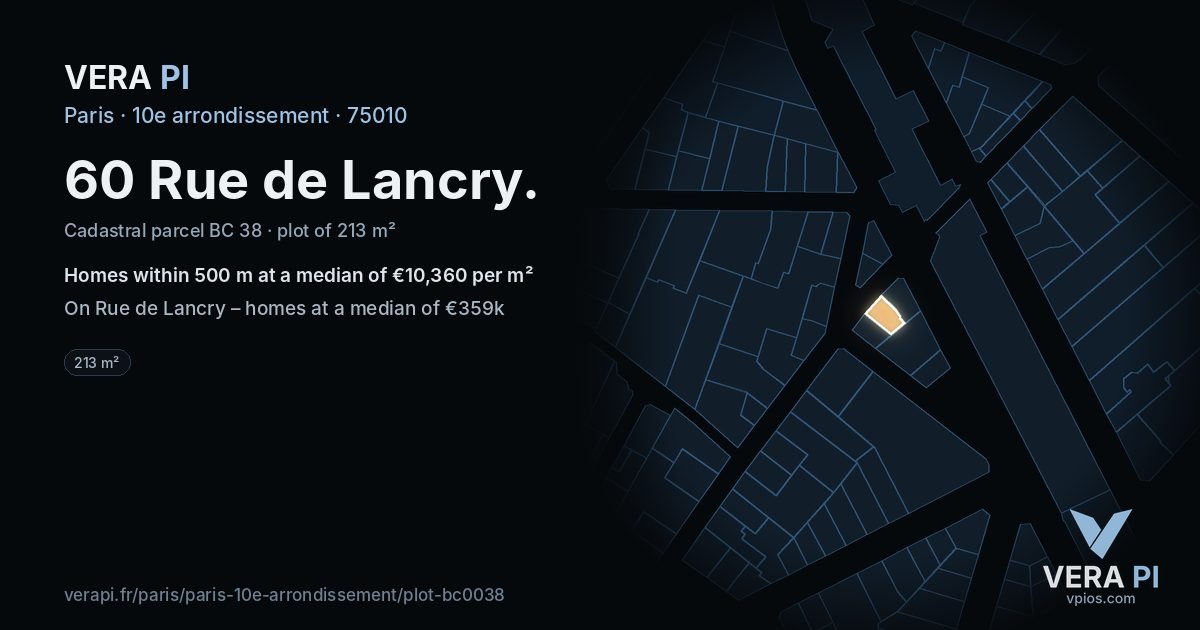 60 Rue de Lancry, 10e arrondissement at night – the plot lit, the parcels around coloured by the prices near them