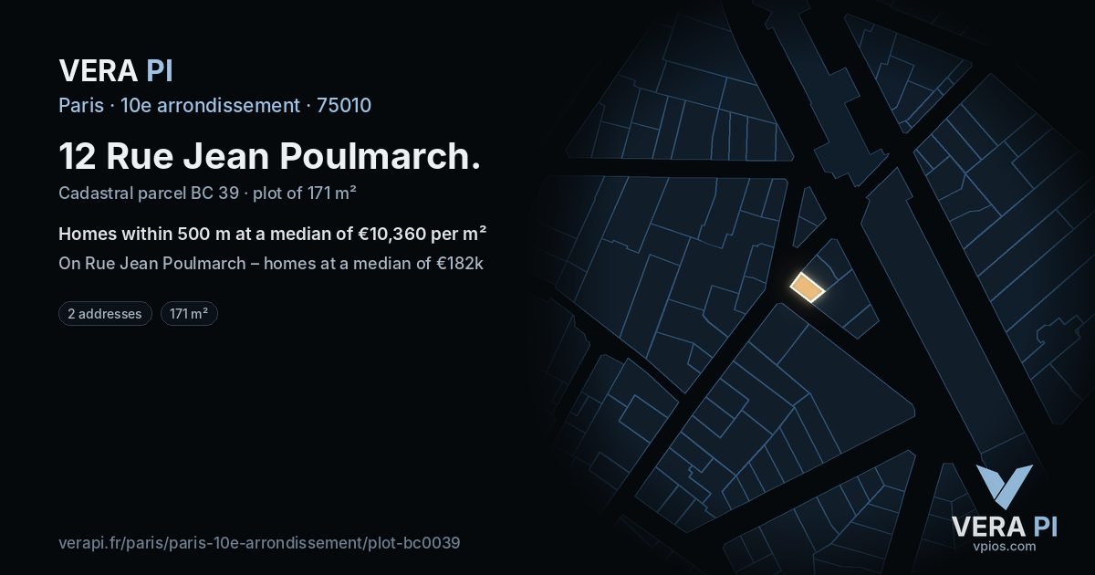 12 Rue Jean Poulmarch, 10e arrondissement at night – the plot lit, the parcels around coloured by the prices near them