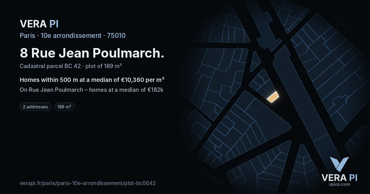8 Rue Jean Poulmarch, 10e arrondissement at night – the plot lit, the parcels around coloured by the prices near them