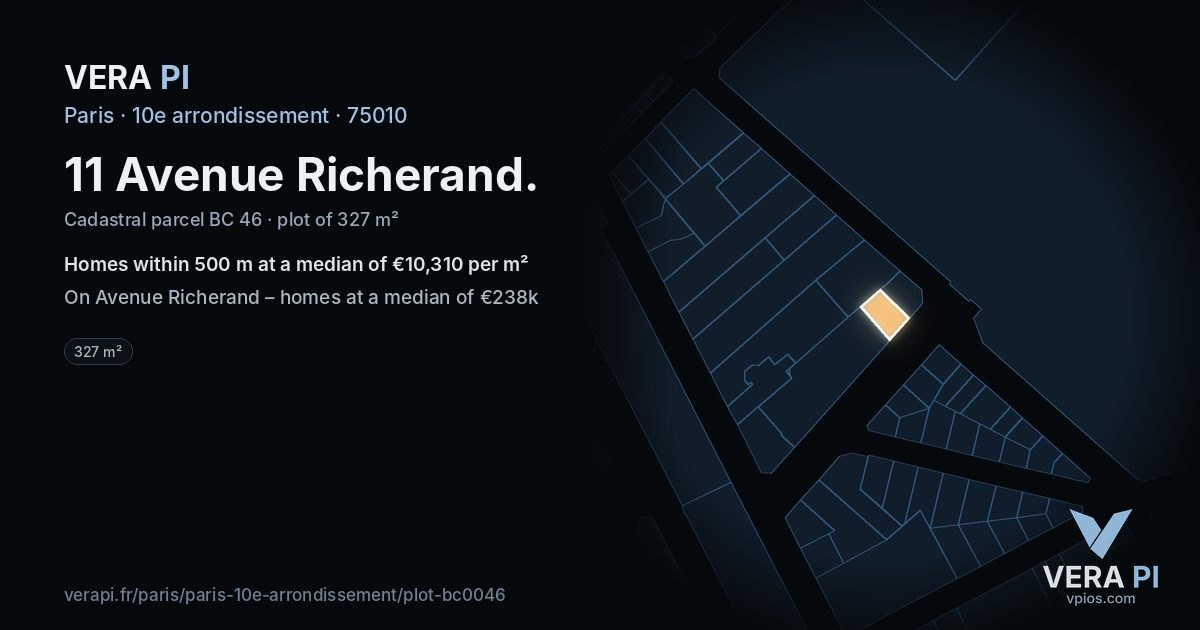 11 Avenue Richerand, 10e arrondissement at night – the plot lit, the parcels around coloured by the prices near them