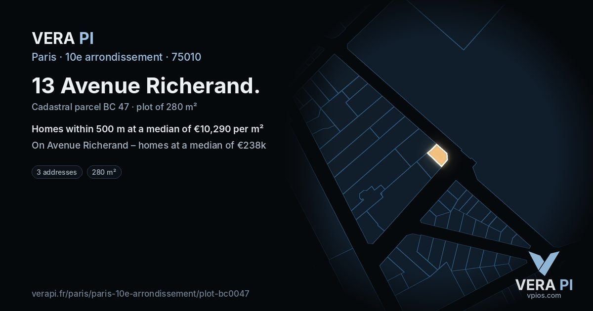 13 Avenue Richerand, 10e arrondissement at night – the plot lit, the parcels around coloured by the prices near them
