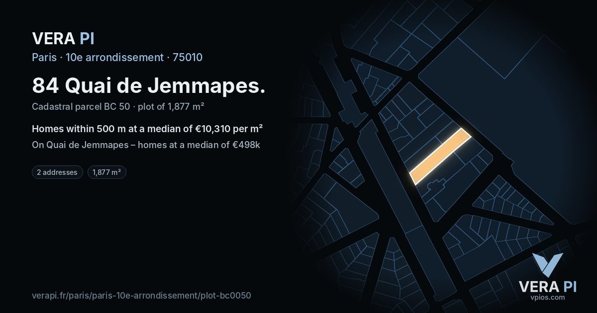 84 Quai de Jemmapes, 10e arrondissement at night – the plot lit, the parcels around coloured by the prices near them
