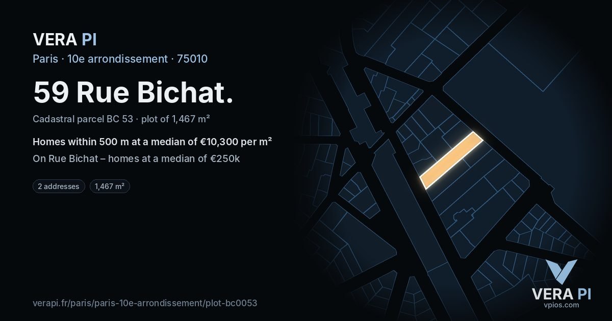 59 Rue Bichat, 10e arrondissement at night – the plot lit, the parcels around coloured by the prices near them