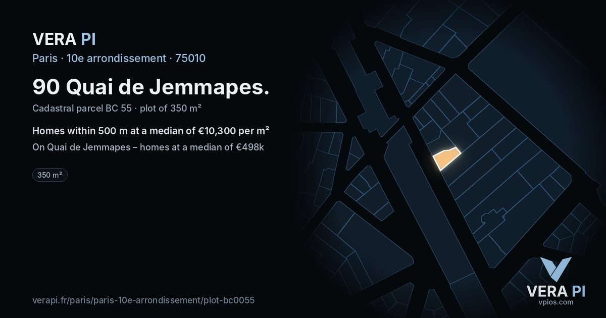 90 Quai de Jemmapes, 10e arrondissement at night – the plot lit, the parcels around coloured by the prices near them