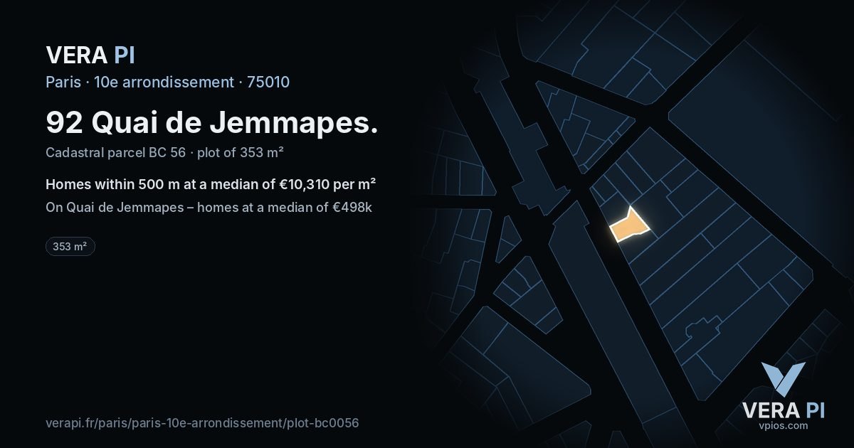 92 Quai de Jemmapes, 10e arrondissement at night – the plot lit, the parcels around coloured by the prices near them