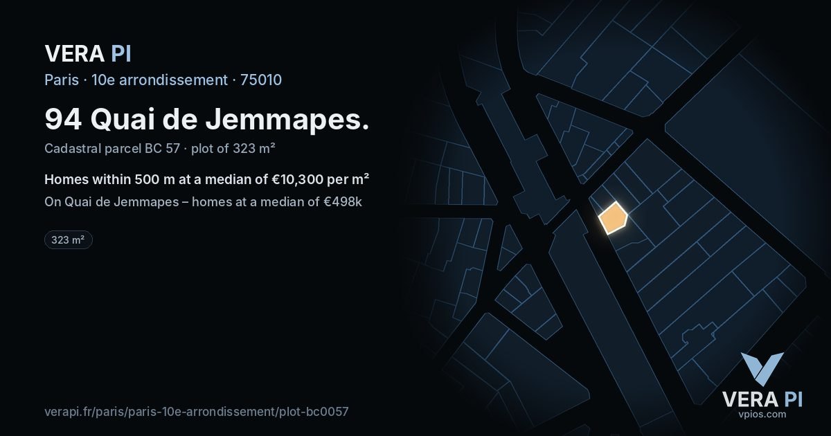 94 Quai de Jemmapes, 10e arrondissement at night – the plot lit, the parcels around coloured by the prices near them