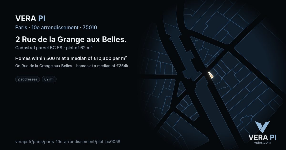 2 Rue de la Grange aux Belles, 10e arrondissement at night – the plot lit, the parcels around coloured by the prices near them