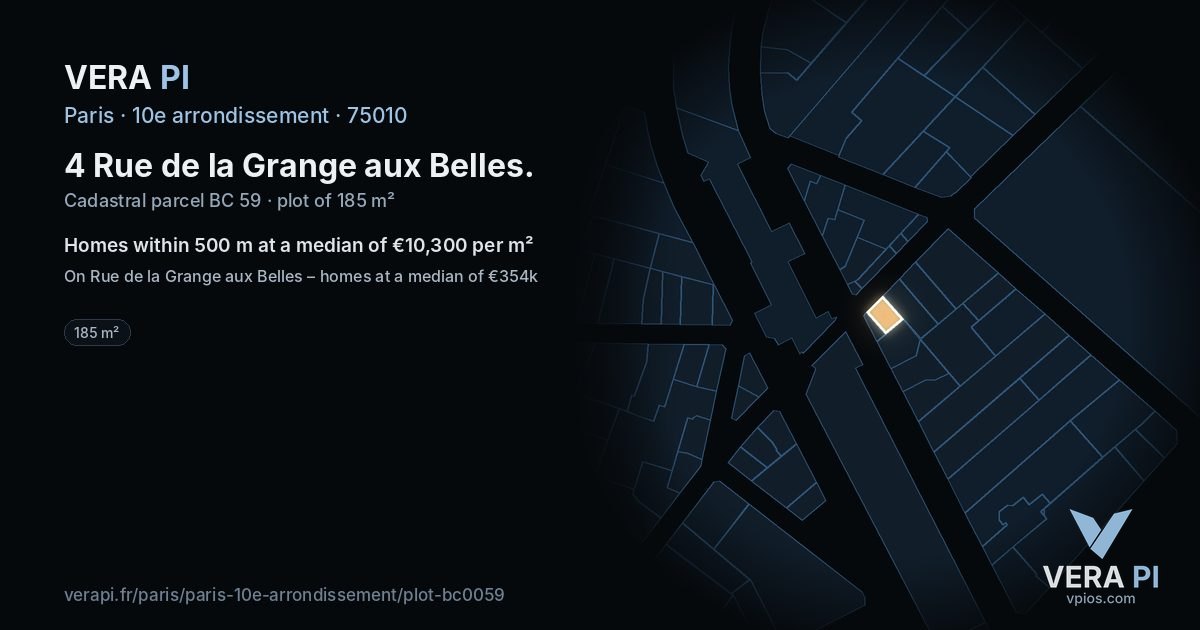 4 Rue de la Grange aux Belles, 10e arrondissement at night – the plot lit, the parcels around coloured by the prices near them