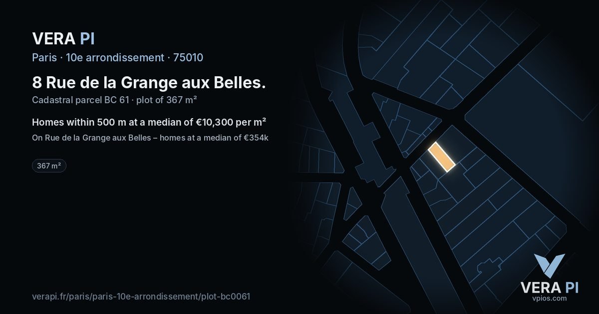 8 Rue de la Grange aux Belles, 10e arrondissement at night – the plot lit, the parcels around coloured by the prices near them