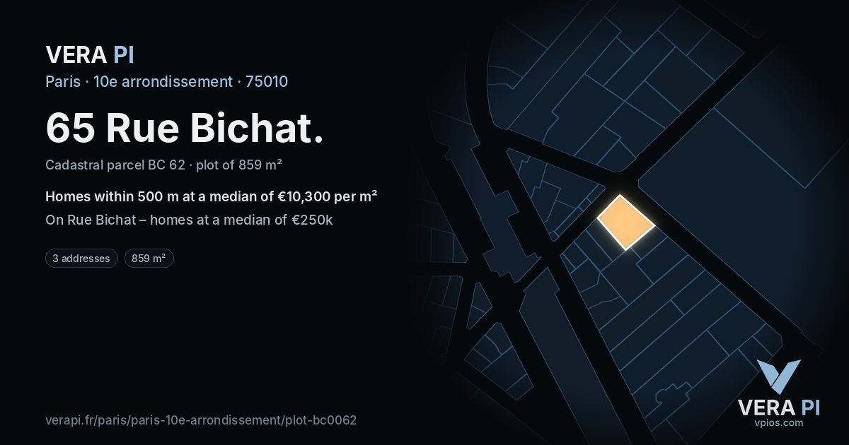 65 Rue Bichat, 10e arrondissement at night – the plot lit, the parcels around coloured by the prices near them