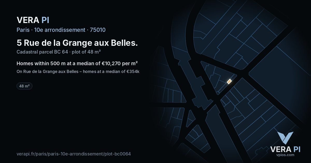 5 Rue de la Grange aux Belles, 10e arrondissement at night – the plot lit, the parcels around coloured by the prices near them