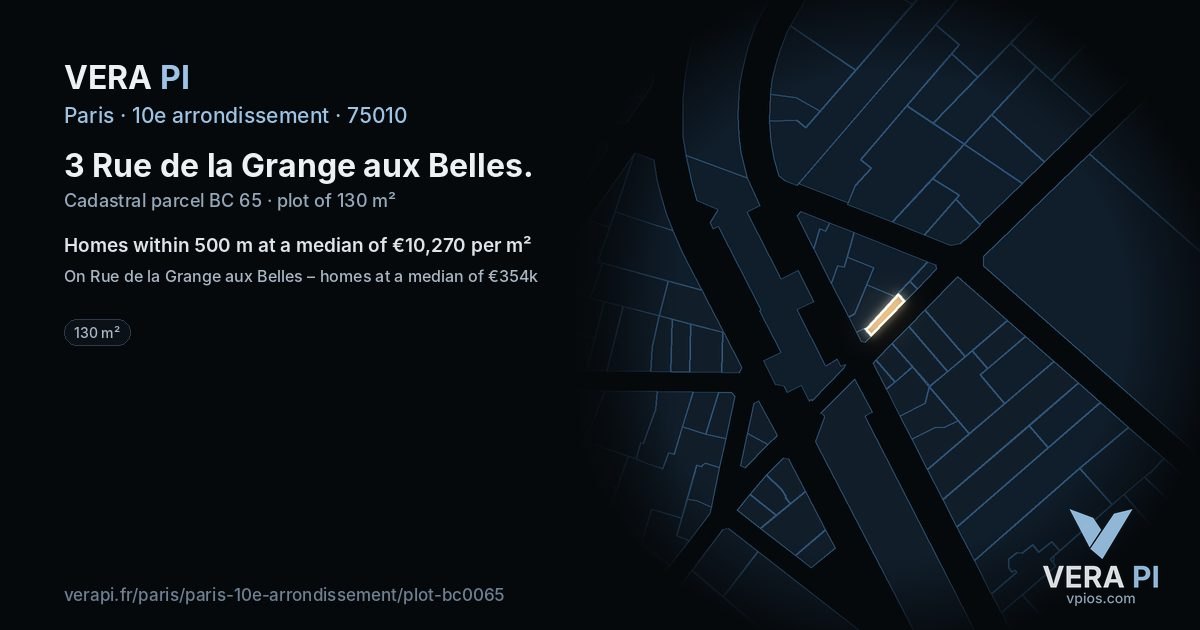3 Rue de la Grange aux Belles, 10e arrondissement at night – the plot lit, the parcels around coloured by the prices near them