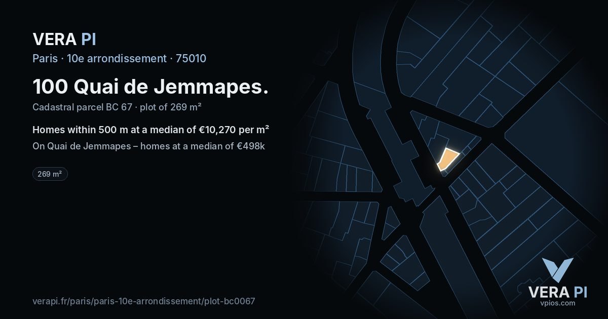 100 Quai de Jemmapes, 10e arrondissement at night – the plot lit, the parcels around coloured by the prices near them