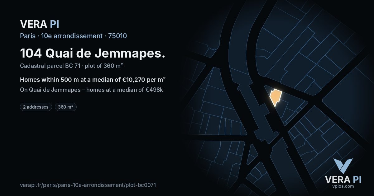 104 Quai de Jemmapes, 10e arrondissement at night – the plot lit, the parcels around coloured by the prices near them
