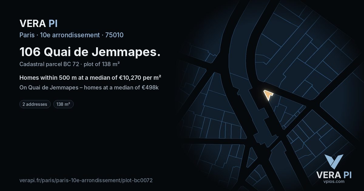 106 Quai de Jemmapes, 10e arrondissement at night – the plot lit, the parcels around coloured by the prices near them