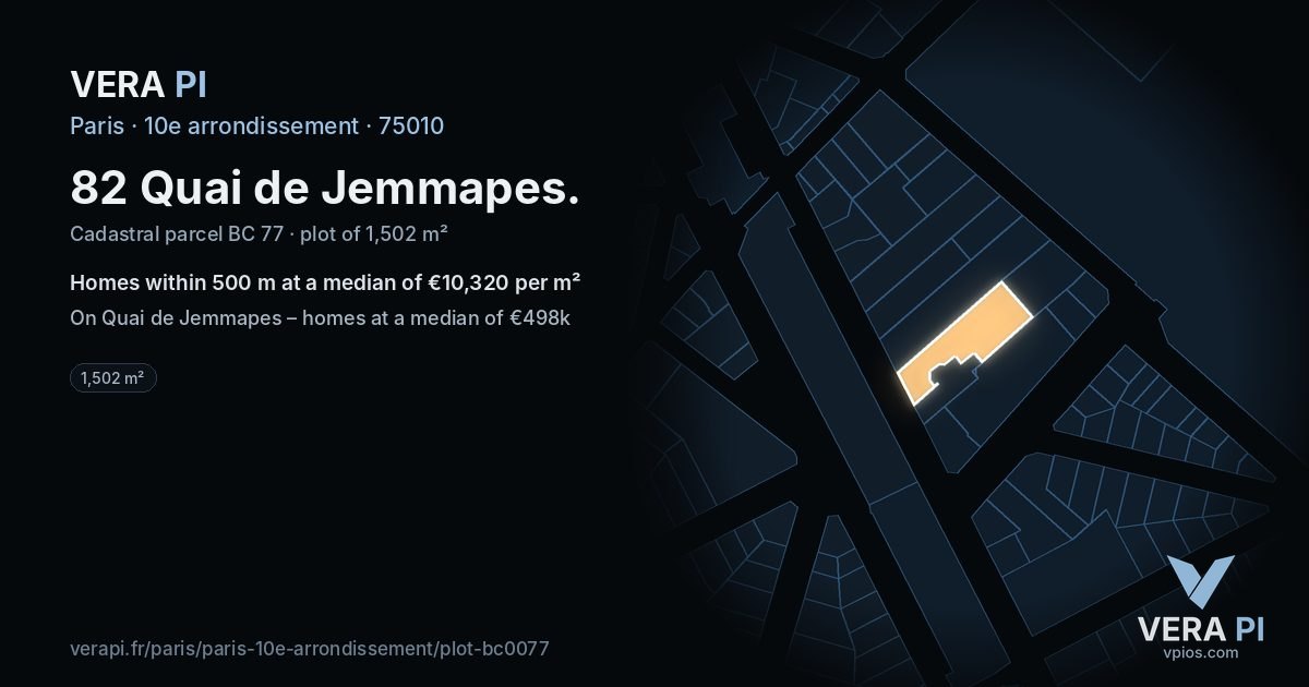 82 Quai de Jemmapes, 10e arrondissement at night – the plot lit, the parcels around coloured by the prices near them