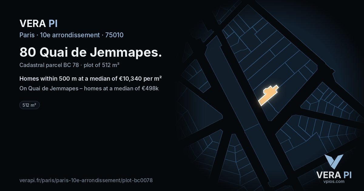 80 Quai de Jemmapes, 10e arrondissement at night – the plot lit, the parcels around coloured by the prices near them