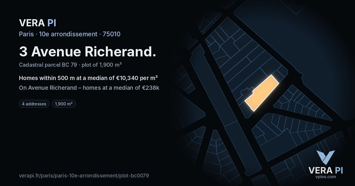 3 Avenue Richerand, 10e arrondissement at night – the plot lit, the parcels around coloured by the prices near them