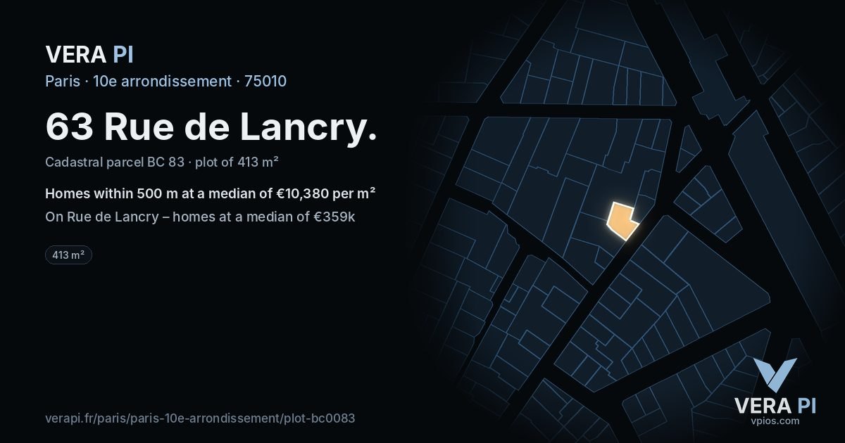 63 Rue de Lancry, 10e arrondissement at night – the plot lit, the parcels around coloured by the prices near them
