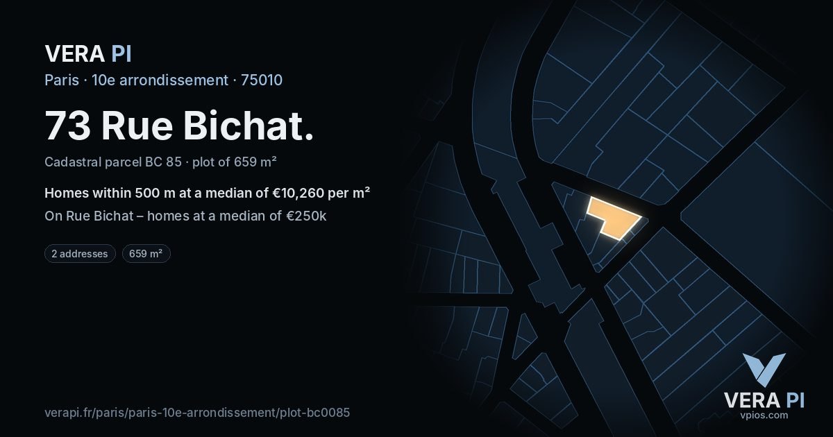 73 Rue Bichat, 10e arrondissement at night – the plot lit, the parcels around coloured by the prices near them