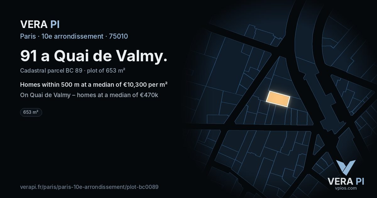 91 a Quai de Valmy, 10e arrondissement at night – the plot lit, the parcels around coloured by the prices near them