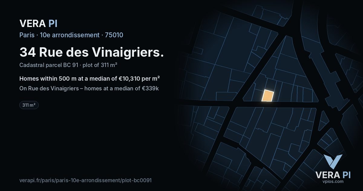 34 Rue des Vinaigriers, 10e arrondissement at night – the plot lit, the parcels around coloured by the prices near them