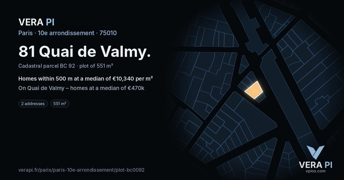 81 Quai de Valmy, 10e arrondissement at night – the plot lit, the parcels around coloured by the prices near them