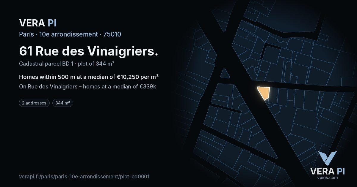 61 Rue des Vinaigriers, 10e arrondissement at night – the plot lit, the parcels around coloured by the prices near them