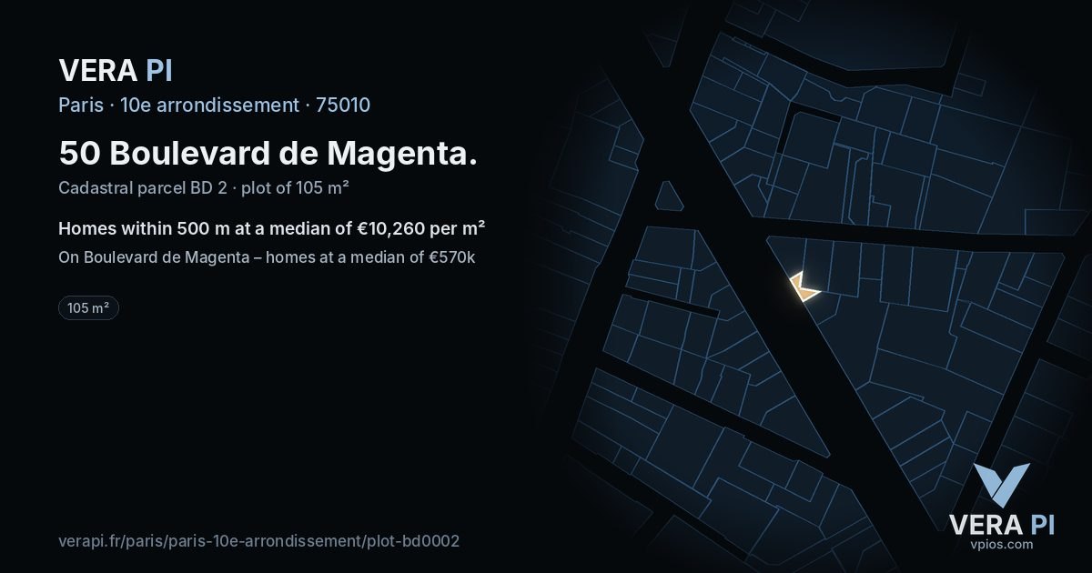 50 Boulevard de Magenta, 10e arrondissement at night – the plot lit, the parcels around coloured by the prices near them
