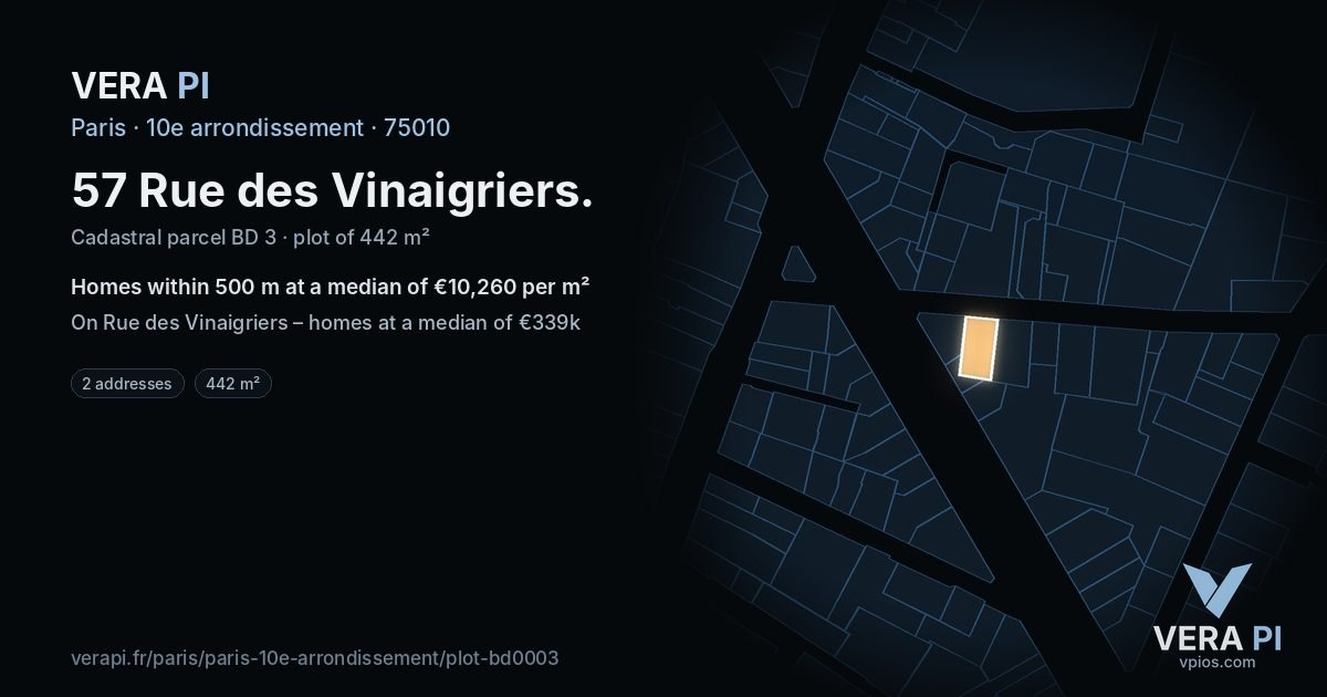 57 Rue des Vinaigriers, 10e arrondissement at night – the plot lit, the parcels around coloured by the prices near them