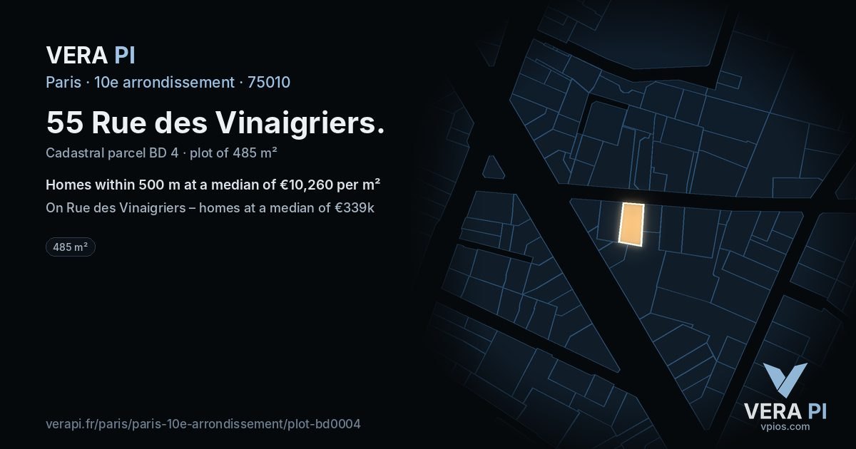 55 Rue des Vinaigriers, 10e arrondissement at night – the plot lit, the parcels around coloured by the prices near them