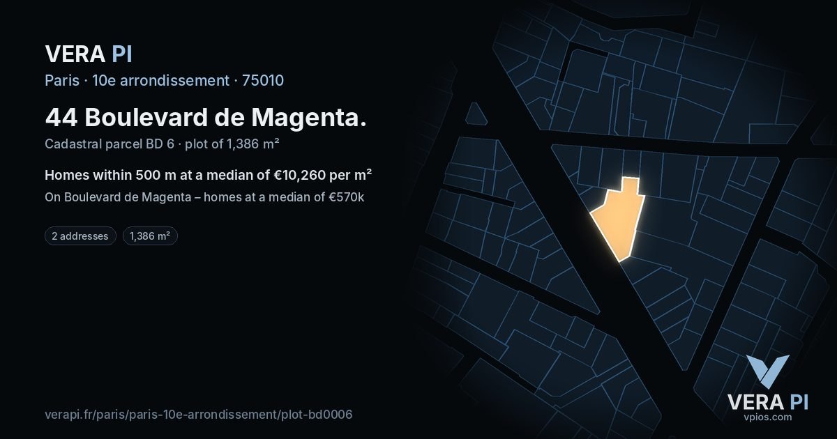44 Boulevard de Magenta, 10e arrondissement at night – the plot lit, the parcels around coloured by the prices near them