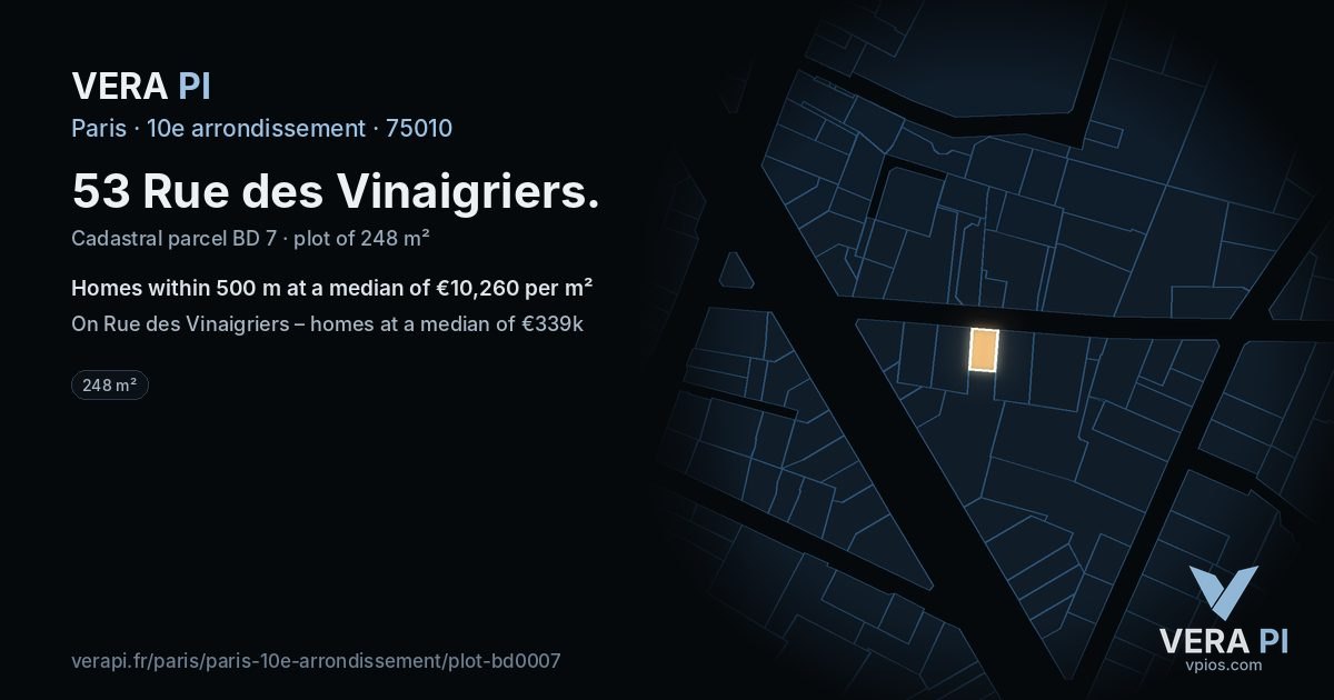 53 Rue des Vinaigriers, 10e arrondissement at night – the plot lit, the parcels around coloured by the prices near them