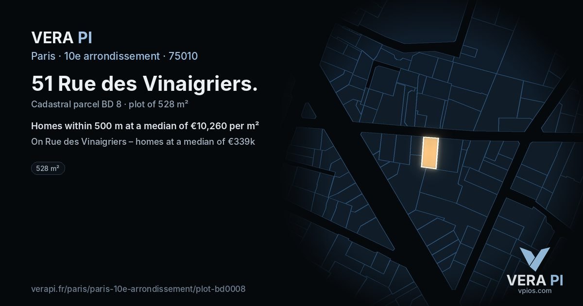 51 Rue des Vinaigriers, 10e arrondissement at night – the plot lit, the parcels around coloured by the prices near them