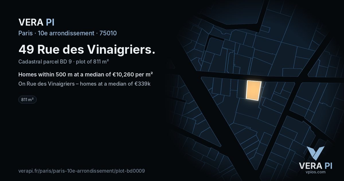 49 Rue des Vinaigriers, 10e arrondissement at night – the plot lit, the parcels around coloured by the prices near them