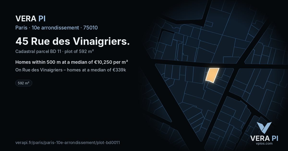 45 Rue des Vinaigriers, 10e arrondissement at night – the plot lit, the parcels around coloured by the prices near them