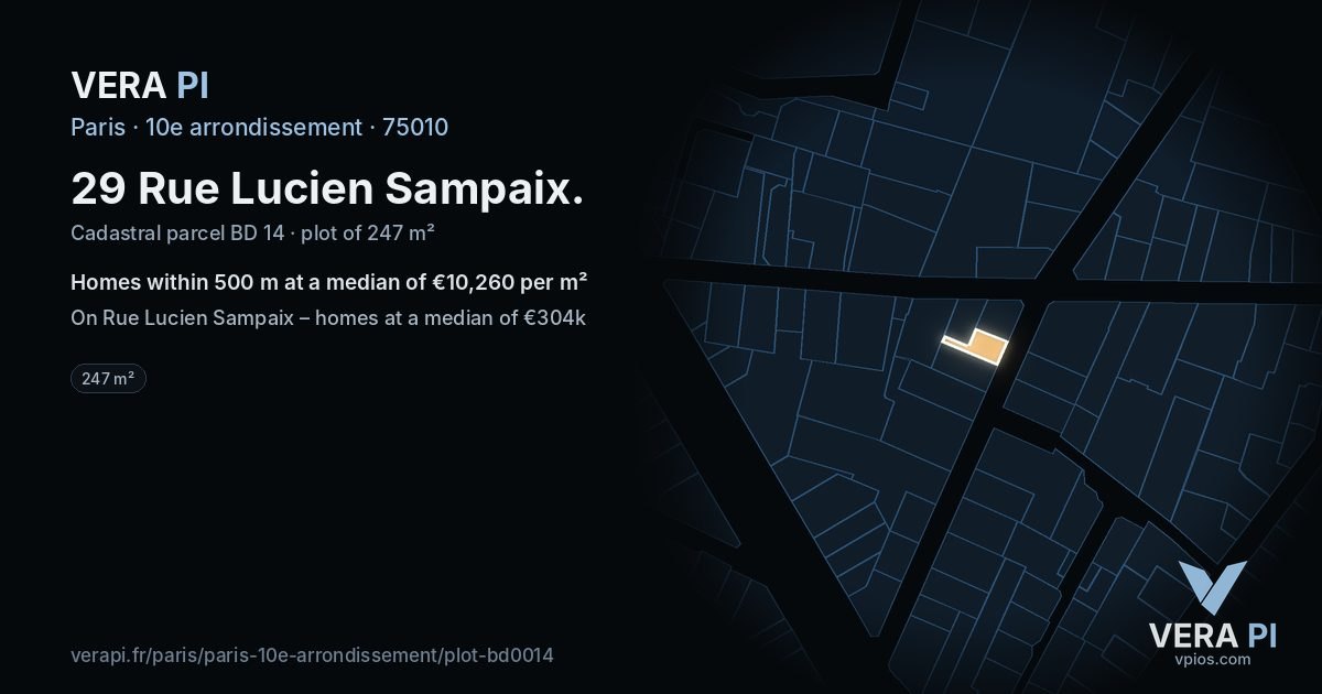 29 Rue Lucien Sampaix, 10e arrondissement at night – the plot lit, the parcels around coloured by the prices near them