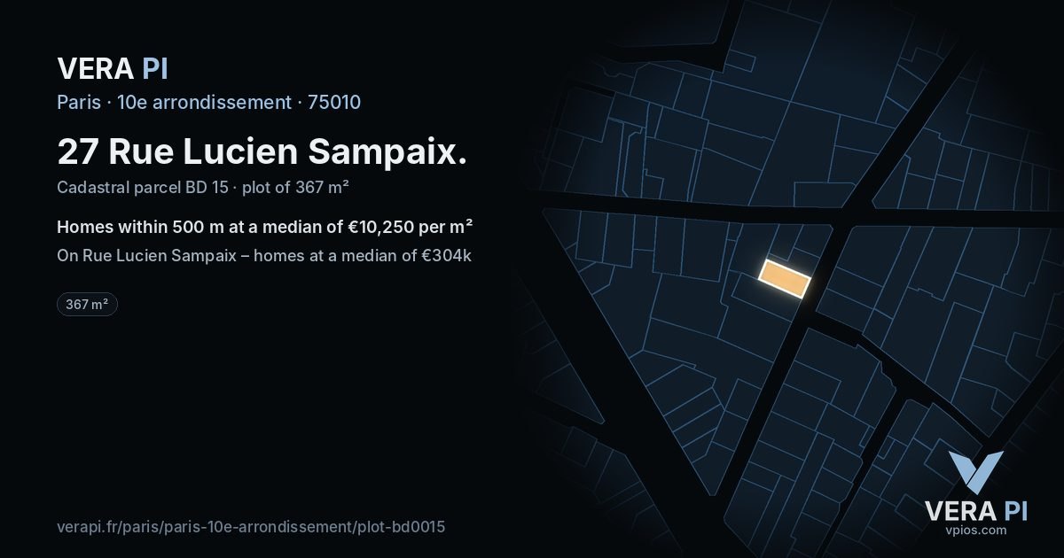 27 Rue Lucien Sampaix, 10e arrondissement at night – the plot lit, the parcels around coloured by the prices near them