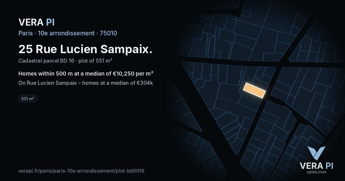 25 Rue Lucien Sampaix, 10e arrondissement at night – the plot lit, the parcels around coloured by the prices near them