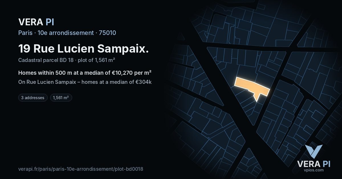 19 Rue Lucien Sampaix, 10e arrondissement at night – the plot lit, the parcels around coloured by the prices near them