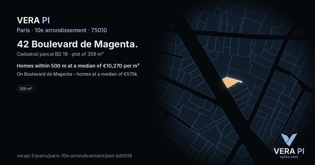 42 Boulevard de Magenta, 10e arrondissement at night – the plot lit, the parcels around coloured by the prices near them